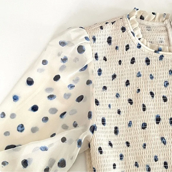Aritzia Cream Blouson Sleeve Smocked Top with Navy Dot Print - Picture 7 of 10
